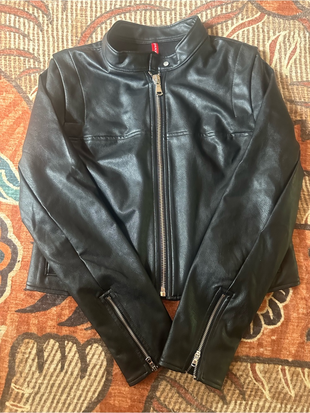 SPANX Black Faux Leather Jacket with Red Tag